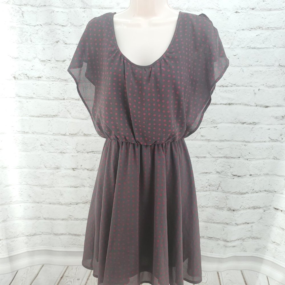 Bar III Womens Gray Fuschia Polka Dot Elastic Waist Blouson Dress Size S…